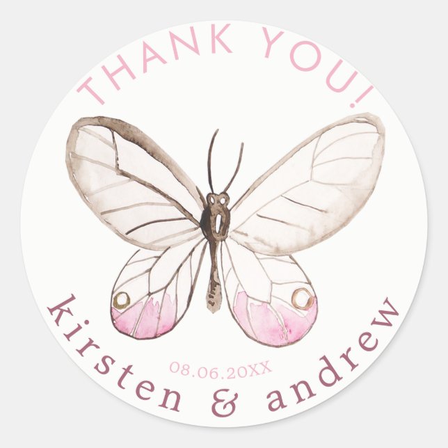 Thank You!  Blush Butterfly Wedding Favor Stickers (Front)