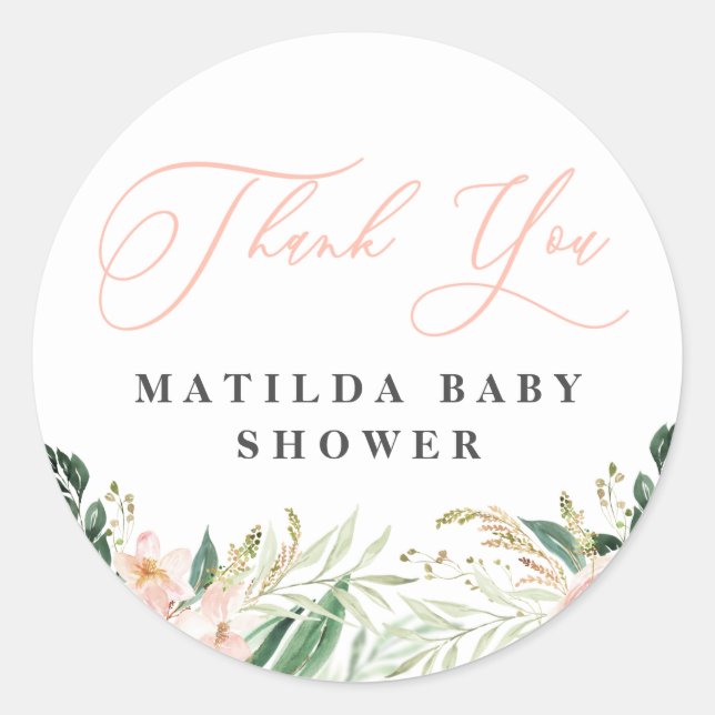 Thank you blush floral baby shower favour classic round sticker (Front)