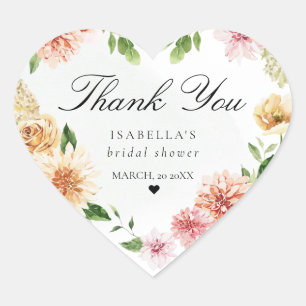 Thank You Blush Floral Romantic Bridal Shower Heart Sticker