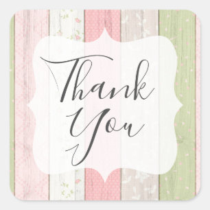 Thank You Blush Pink Floral Sage Green Shabby Chic Square Sticker