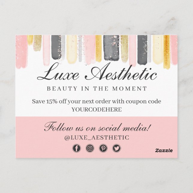 Thank You Blush Pink & Gold Paint Strokes Coupon Postcard (Back)