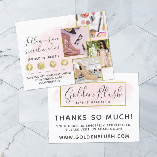 Thank You Blush Pink Watercolor & Gold 4-Photo Postcard