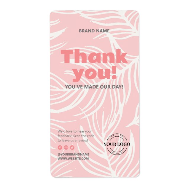 Thank You Blush Pink White Leaves Brand Box Seal (Front)