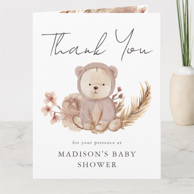 Thank You Boho Botanical Sweet Bear Baby Shower Card (Front)