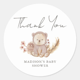 Thank You Boho Botanical Sweet Bear Baby Shower Classic Round Sticker