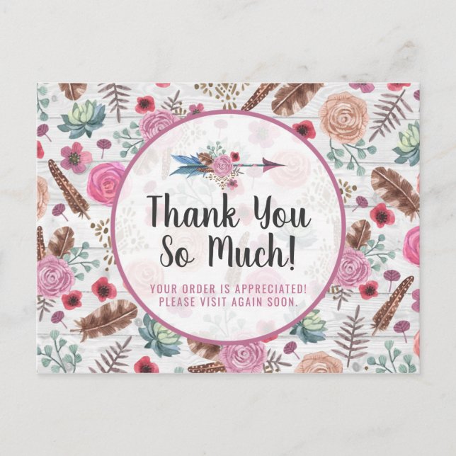 Thank You Boho Chic Rustic Feather Arrow Floral Postcard (Front)