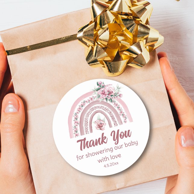 thank you boho pink floral rainbow baby shower classic round sticker (Creator Uploaded)