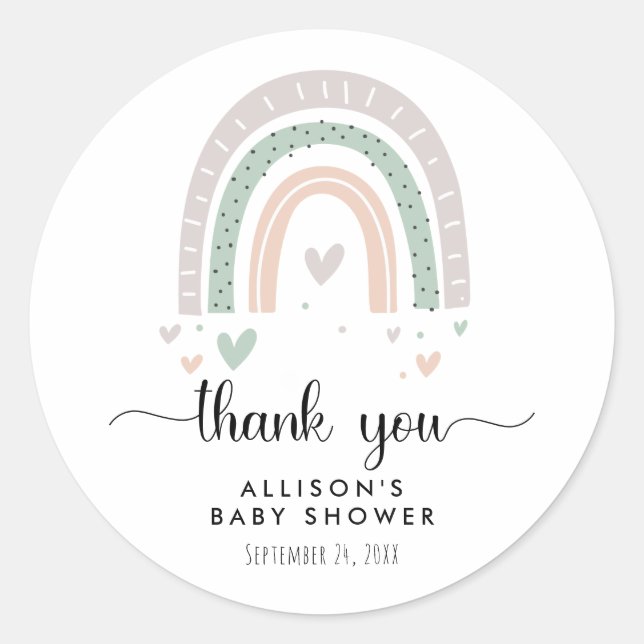 Thank You Boho Rainbow Sage Baby Shower Classic Round Sticker (Front)