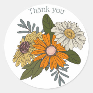 Thank you Boho retro vintage daisies orange yellow Classic Round Sticker
