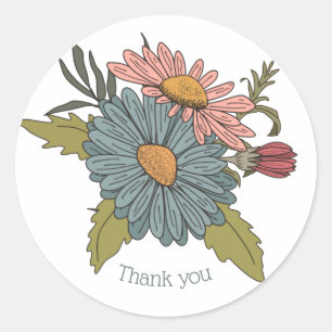 Thank you Boho retro vintage daisies pink blue Classic Round Sticker