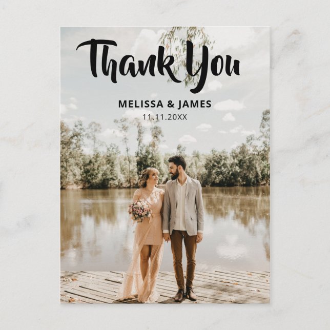Thank You Bold Script Wedding Photo Postcard (Front)