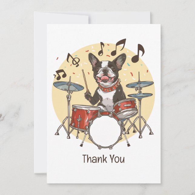 Thank You Boston Terrier Dog Playing Drums (Front)