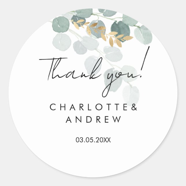 Thank you! Botanical, elegant, handwriting Classic Round Sticker (Front)