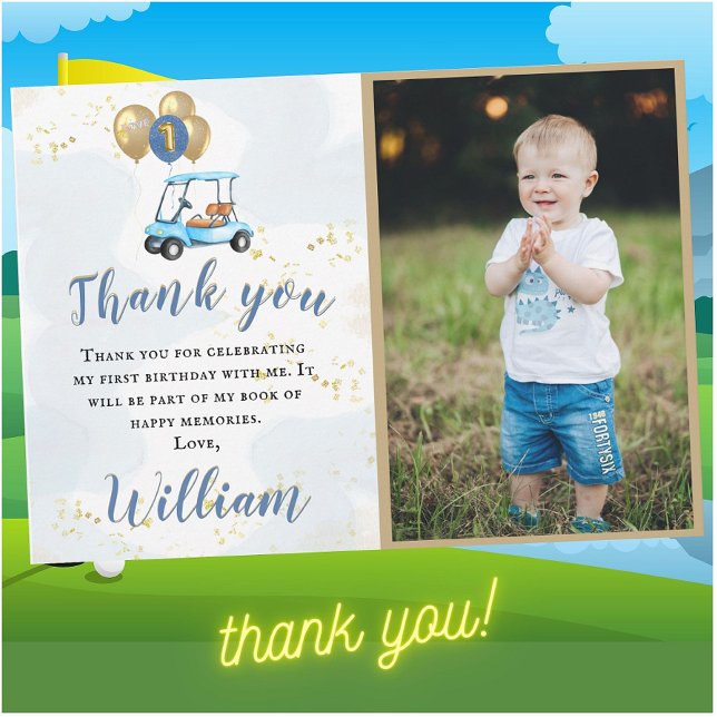 Thank You Boy Golf Theme Photo First Birthday  Card (Creator Uploaded)