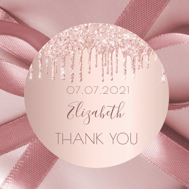 Thank You bridal shower rose gold glitter drips Classic Round Sticker (Creator Uploaded)