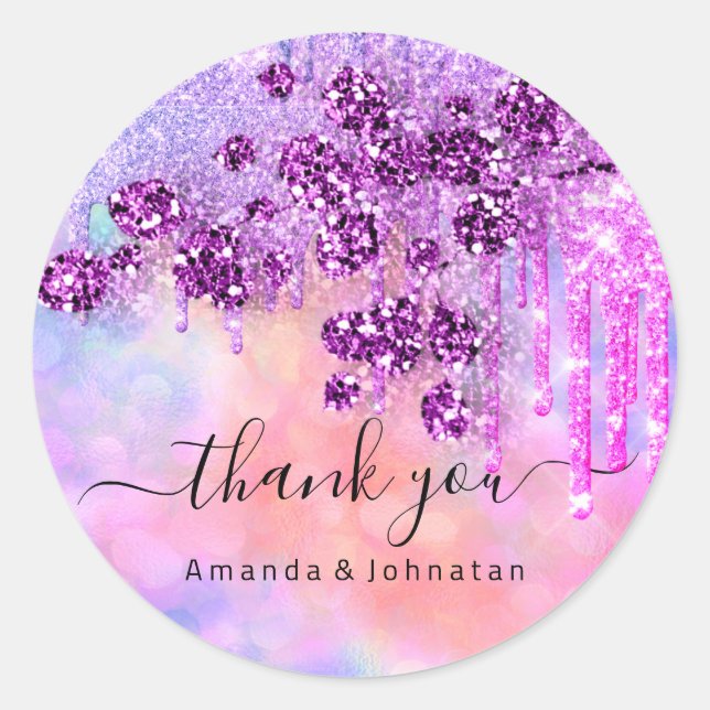 Thank You Bridal Sweet16th Floral Holograph Drip Classic Round Sticker (Front)