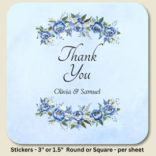 Thank You & Bride & Groom Names Blue Peony Square Sticker
