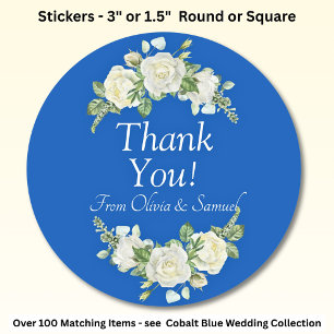 Thank You! Bride, Groom Names Cobalt Blue & White Classic Round Sticker