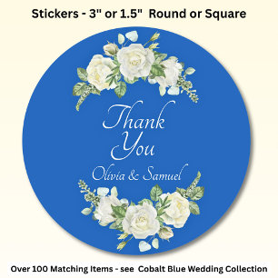 Thank You Bride, Groom Names Cobalt Blue & White Classic Round Sticker