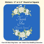 Thank You Bride, Groom Names Cobalt Blue & White  Square Sticker<br><div class="desc">Thank You & the Bride & Groom Names</div>