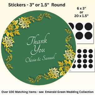 Thank You Bride, Groom Names Emerald Green & Gold Classic Round Sticker