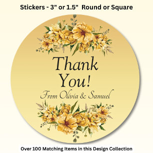 Thank You! Bride, Groom Names Golden Yellow Flower Classic Round Sticker