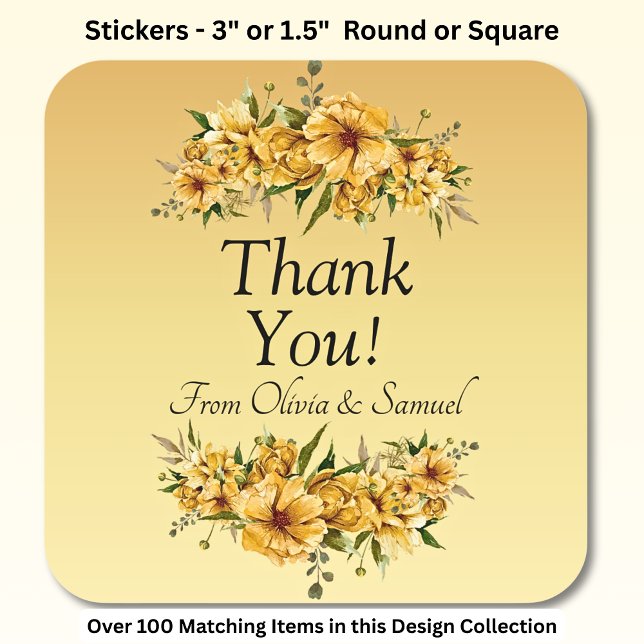 Thank You! Bride, Groom Names Golden Yellow Flower Square Sticker (Creator Uploaded)