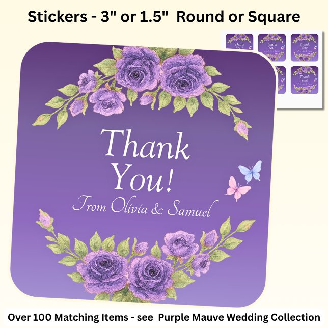 Thank You! Bride, Groom Names Purple Mauve Flowers Square Sticker (Creator Uploaded)
