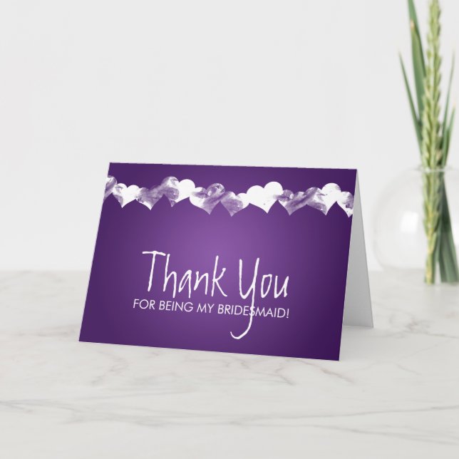 Thank You Bridesmaid Grunge Hearts Purple Card (Front)