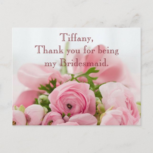 Thank You Bridesmaid Pink Roses Postcard (Front)