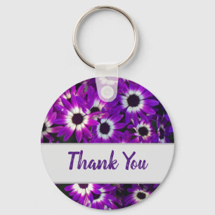 Thank You Bright Purple Flowers Garden Floral Key Ring