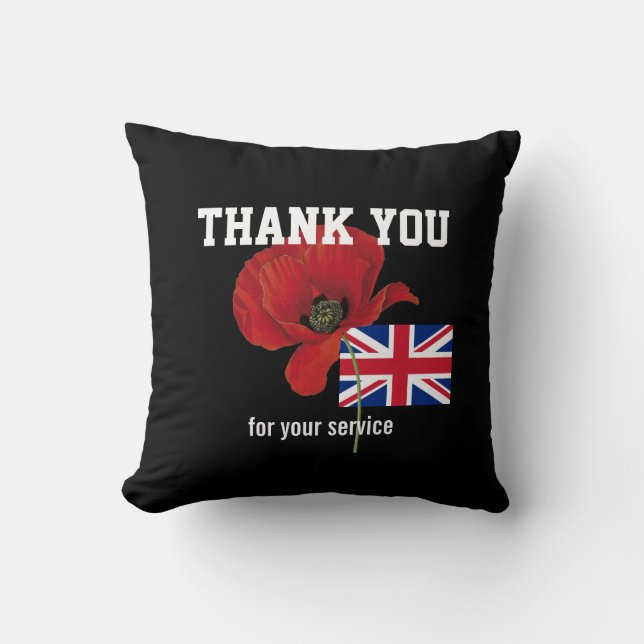 THANK YOU British Servicemen Poppy UNION JACK Cushion (Front)