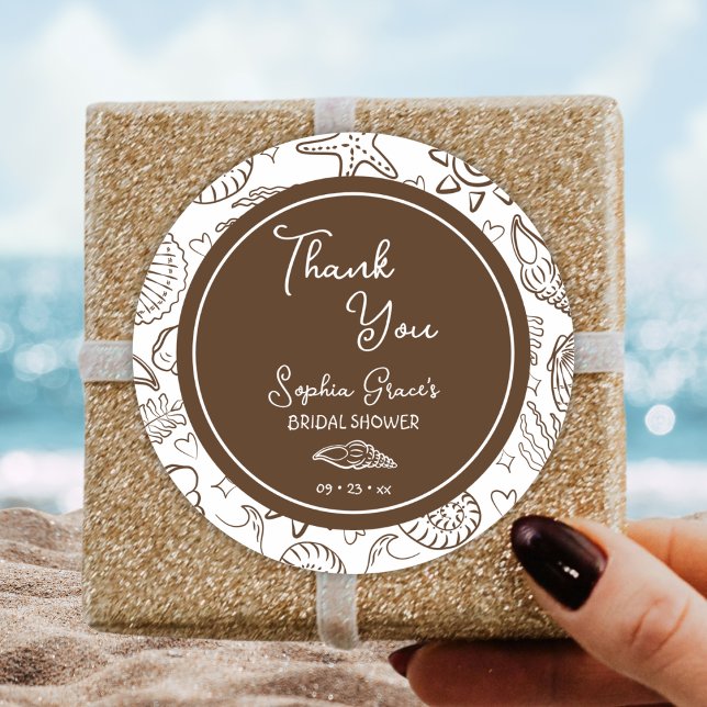 Thank You Brown Seashells Doodles Classic Round Sticker (Creator Uploaded)