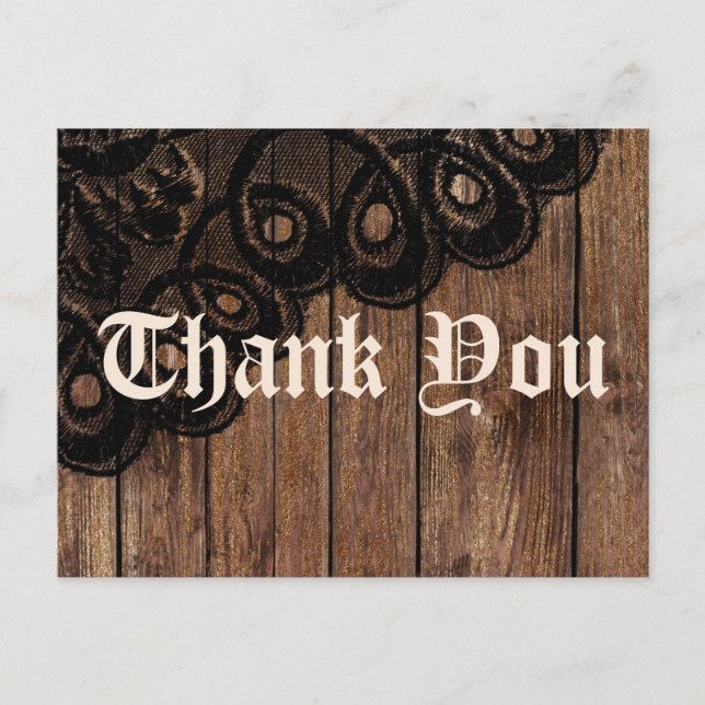 Thank You Brown Wood and Black Faux Lace Postcard (Front)