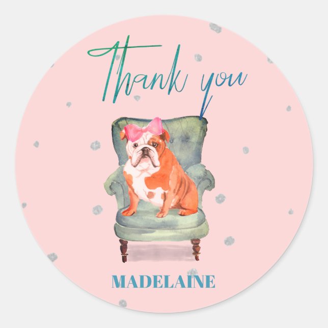 Thank You Bull Dog Pink Silver Classic Round Sticker (Front)