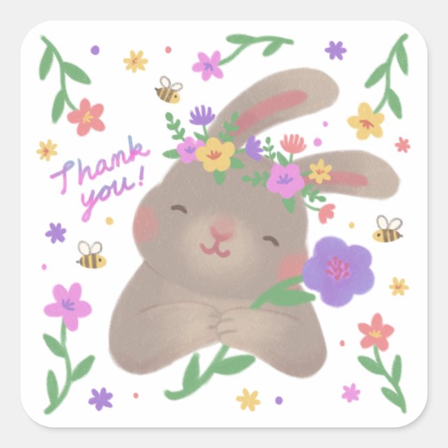 Thank You: Bunny with Flowers Square Sticker (Front)