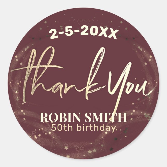Thank you Burgundy Red Gold Modern Birthday Favour Classic Round Sticker (Front)