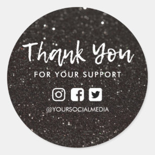 Thank You Business Black Glitter Media Insert Classic Round Sticker