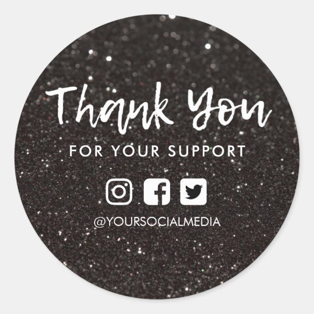 Thank You Business Black Glitter Media Insert Classic Round Sticker (Front)
