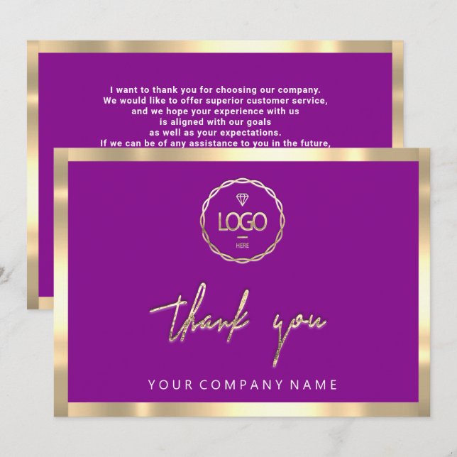 Thank You Business Insert Logo Gold Frame Purple Invitation (Front/Back)