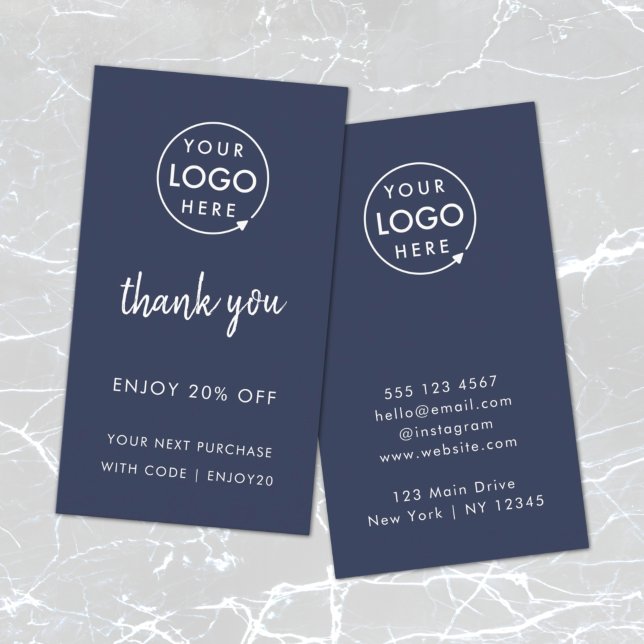 Thank You | Business Logo Navy Blue Discount Card (Modern minimalist thank you discount cards by Guava - perfect for growing loyalty & repeat business)