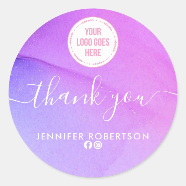 Thank You Business Logo Pink Purple Classic Round Sticker (Front)
