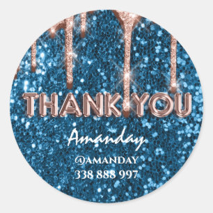 thank you business Name Instagra Blue Rose Glitter Classic Round Sticker