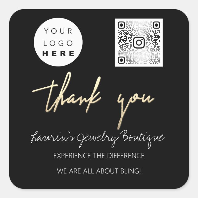 Thank You Business Name Logo Qr Code Black White Square Sticker (Front)