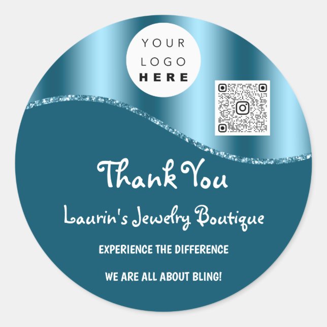 Thank You Business Name Logo Qr Code Blue  Classic Round Sticker (Front)