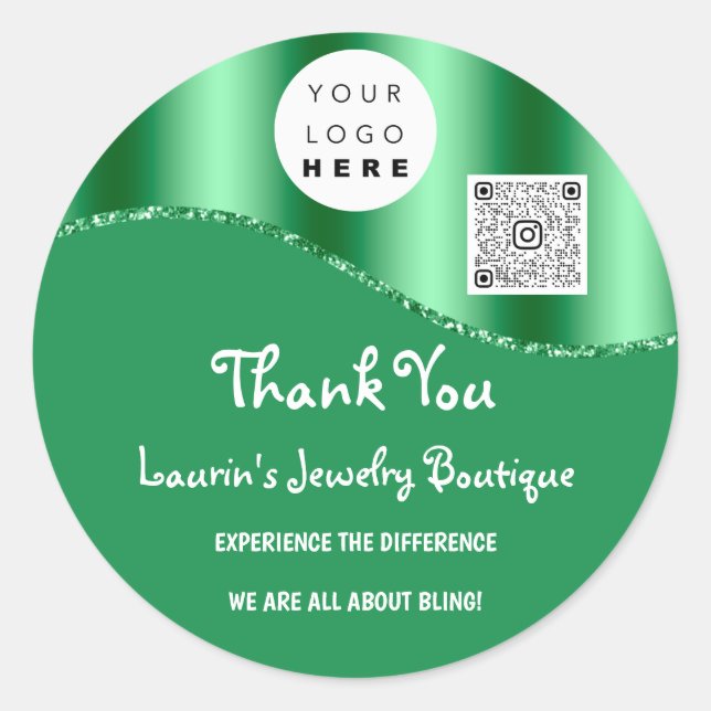 Thank You Business Name Logo Qr Code Emerald Green Classic Round Sticker (Front)