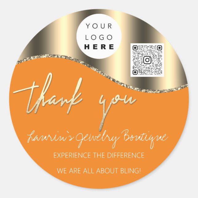 Thank You Business Name Logo Qr Code Gold Orange Classic Round Sticker (Front)