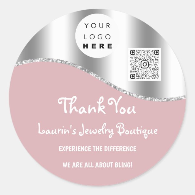 Thank You Business Name Logo Qr Code Pink Silver  Classic Round Sticker (Front)