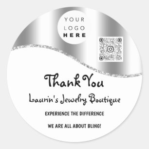 Thank You Business Name Logo Qr Code White Silver Classic Round Sticker