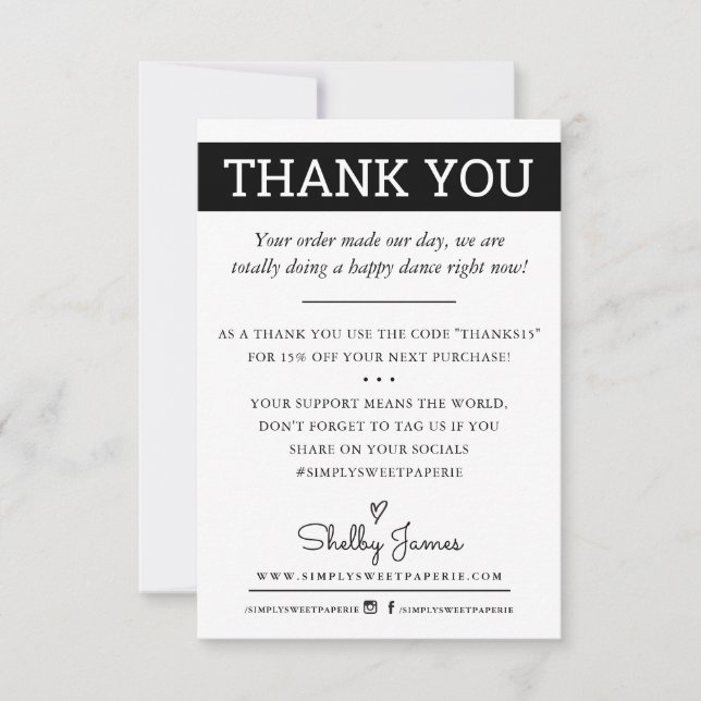 THANK YOU business order insert modern black white Card (Front)